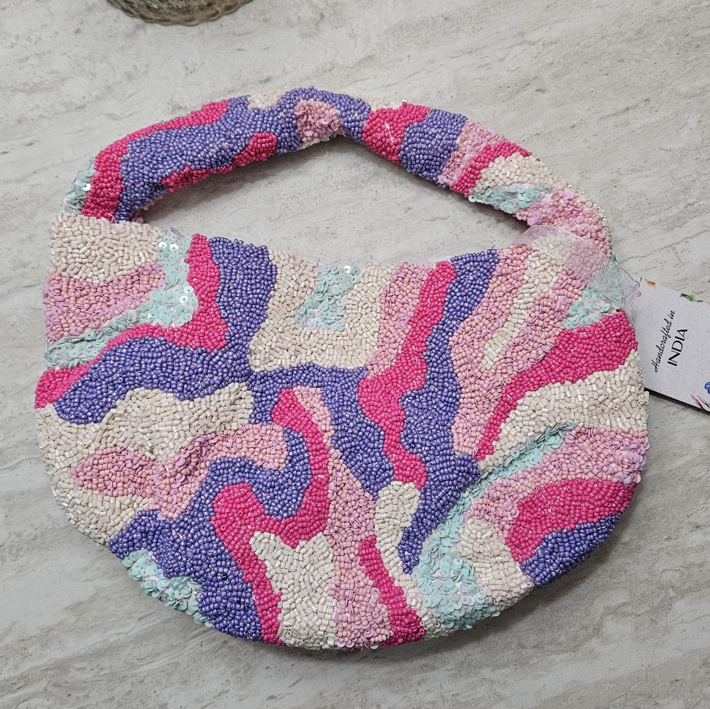 Handcrafted in India Beaded Colorful Swirl Bag 🩷🩵 NWT - Picture 5 of 6